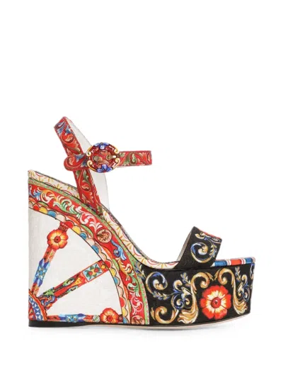 Dolce & Gabbana Carretto-print Brocade Wedge Sandals In Multi