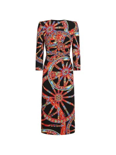 Dolce & Gabbana Carretto Dress Floral Geometric Long Sleeve Belt In Multi