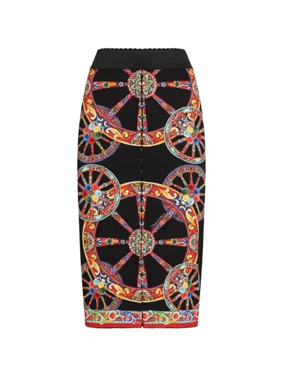 Dolce & Gabbana Carretto-print Charmeuse Long Skirt In Black