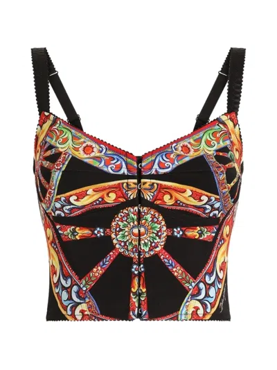 Dolce & Gabbana Carretto Print Charmeuse Cropped Corset Top In Black