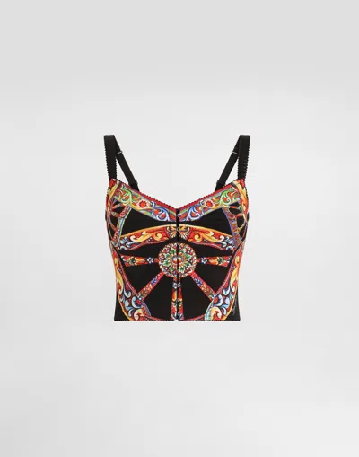 Dolce & Gabbana Carretto-print Charmeuse Top In Brown
