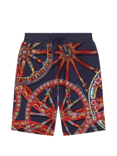 Dolce & Gabbana Kids' Carretto-print Fleece Bermuda Shorts In Blue