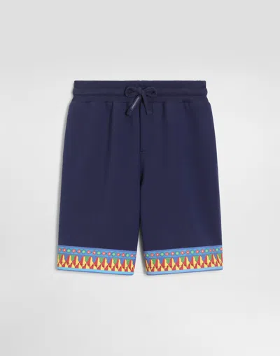 Dolce & Gabbana Kids' Carretto-print Fleece Bermuda Shorts In Blue