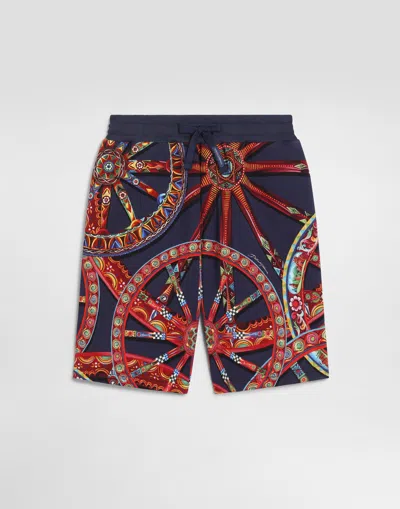 Dolce & Gabbana Kids' Carretto-print Fleece Bermuda Shorts In Blue
