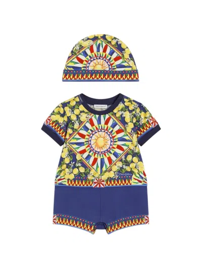 Dolce & Gabbana Babies' Carretto-print Jersey Gift Set In Blue