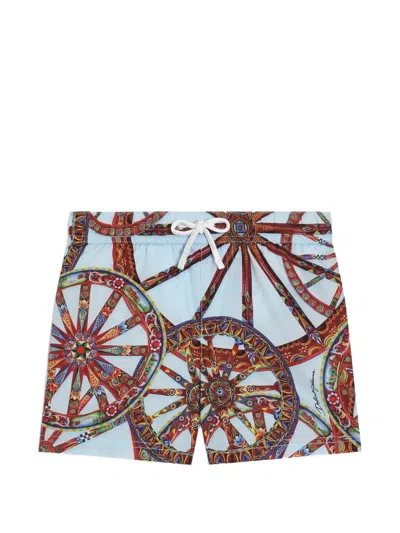 Dolce & Gabbana Babies' Carretto-print Nylon Swim Boxer Shorts In Blue