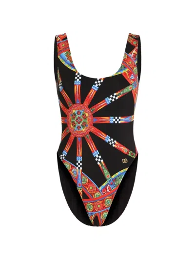 Dolce & Gabbana Carretto-print One-piece Olympic Swimsuit In Black
