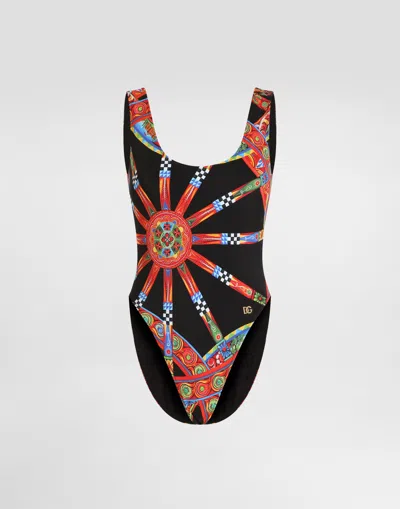 Dolce & Gabbana Carretto-print One-piece Olympic Swimsuit In Multi