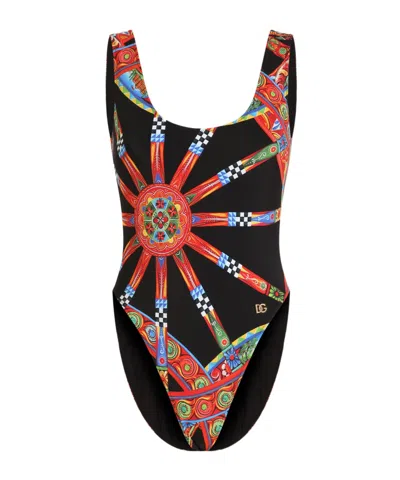 Dolce & Gabbana Carretto-print One-piece Olympic Swimsuit In Multi