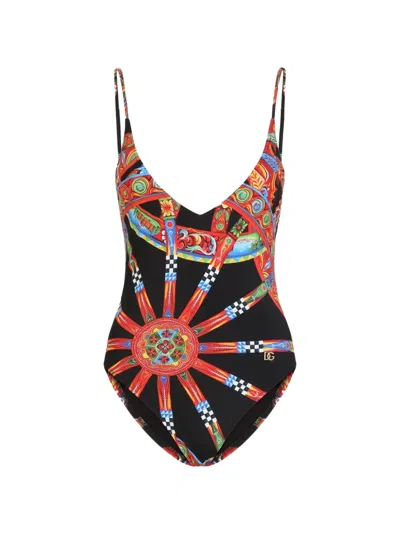 Dolce & Gabbana Carretto-print One-piece Swimsuit In Black