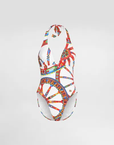 Dolce & Gabbana Carretto-print One-piece Swimsuit In Multi