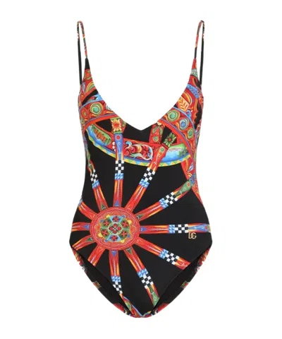 Dolce & Gabbana Carretto-print One-piece Swimsuit In Black