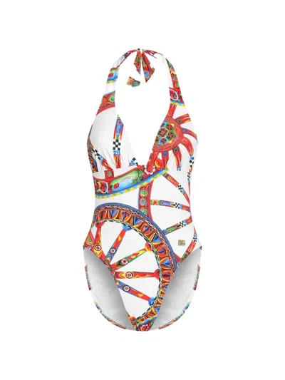 Dolce & Gabbana Carretto-print One-piece Swimsuit In White