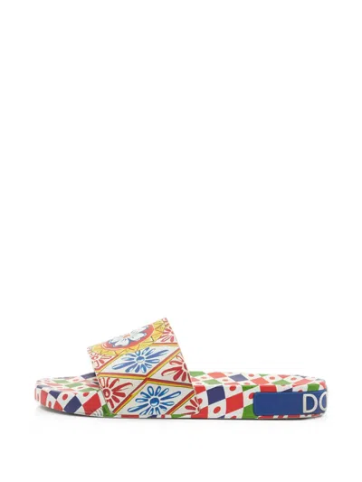 Pre-owned Dolce & Gabbana Carretto-print Pool Slides In White