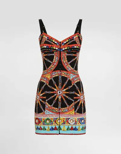 Dolce & Gabbana Carretto-print Short Charmeuse Dress In Multi