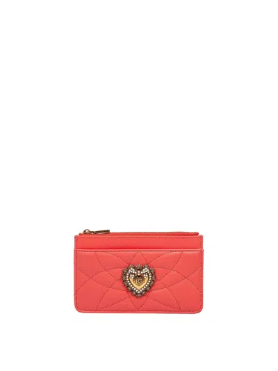 Dolce & Gabbana Devotion Card Holder In Coral Leather In オレンジ