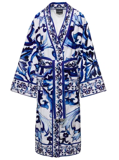 Dolce & Gabbana Casa All-over Mediterranean Print Cotton Wrap Bathrobe With V-neck & Patch Pockets In Multicolor