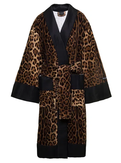 Dolce & Gabbana Casa Leopard Print Wrap Cotton Bathrobe With V-neck And Waist Belt In Brown