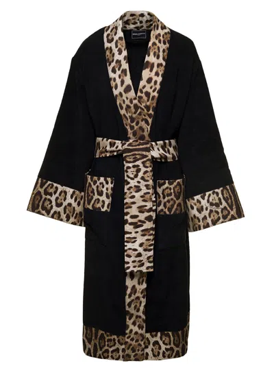 Dolce & Gabbana Casa Terry Cotton Leopard Print Robe In Black