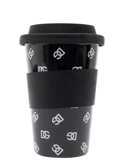 Dolce & Gabbana Casa Porcelain And Silicone Cup With Lid And All-over Logo In Black