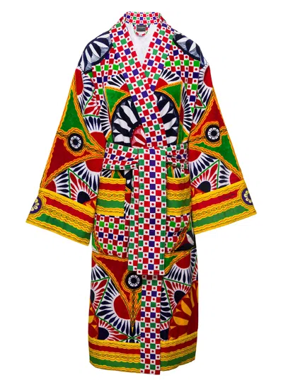 Dolce & Gabbana Casa Sicilian Cart Print Cotton Kimono Bathrobe With V-neck And Waist Belt In Multi