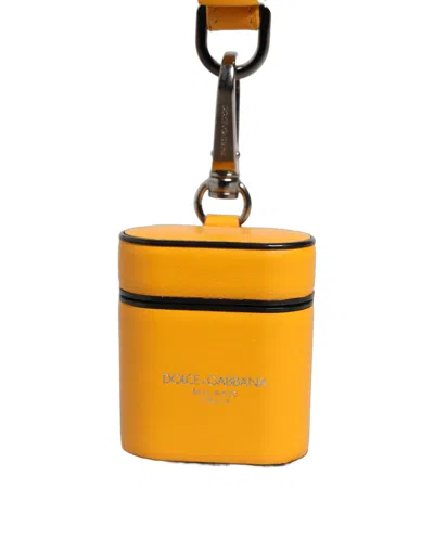 Dolce & Gabbana Case Yellow Calf Leather Logo Flip Holder Strap Airpods In Multi
