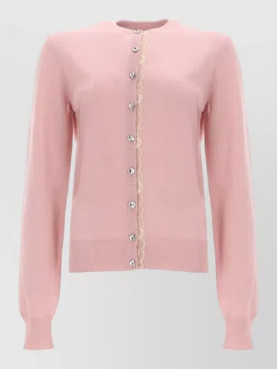 Dolce & Gabbana Cashmere Cardigan Crew Neck Lace Trim In Pink