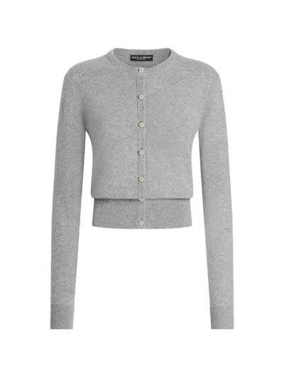 Dolce & Gabbana Cashmere Ribbed Crewneck Cardigan In Gray