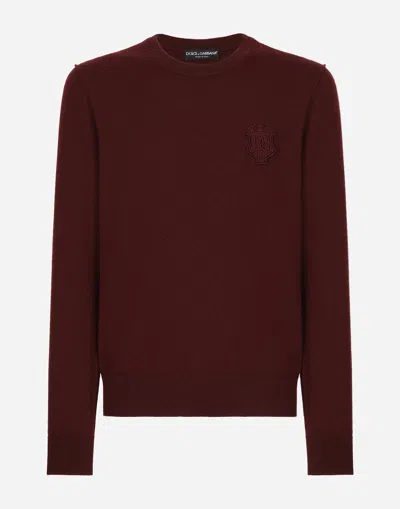 Dolce & Gabbana Cashmere Round-neck Sweater With Dg Embroidery In Bordeaux