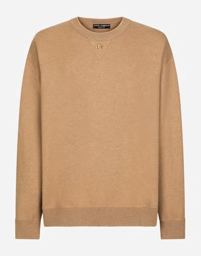 Dolce & Gabbana Cashmere Round-neck Sweater With Dg Logo In Beige