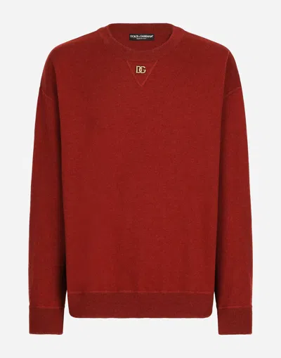 Dolce & Gabbana Cashmere Round-neck Sweater With Dg Logo In Bordeaux