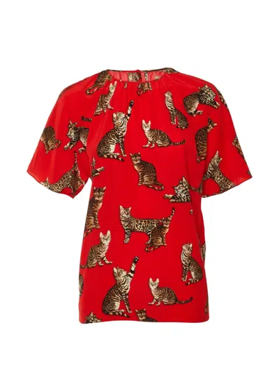 Pre-owned Dolce & Gabbana Cat-print Silk Blouse In Red