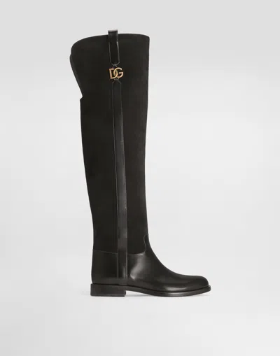 Dolce & Gabbana Cavallerizzo Logo-embellished Leather-trimmed Suede Over-the-knee Boots In Multi