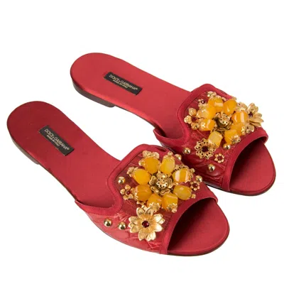 Pre-owned Dolce & Gabbana Cayman Leather Jeweled Slides Sandals Bianca Red 07789