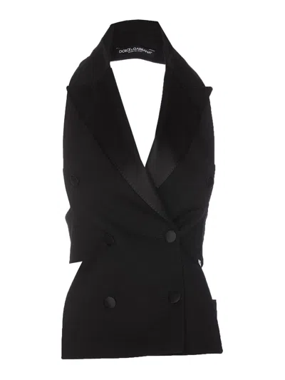 Dolce & Gabbana Double-breasted Satin-trimmed Wool-blend Gabardine Halterneck Vest In Black