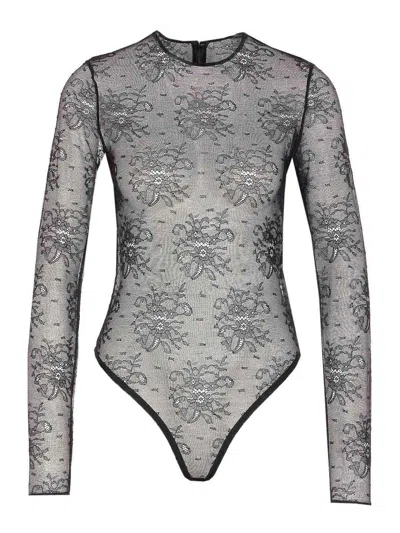Dolce & Gabbana Women Black Bodysuit With All-over Floral Embroidery And Semi-sheer Design In Stretc In Animal Print