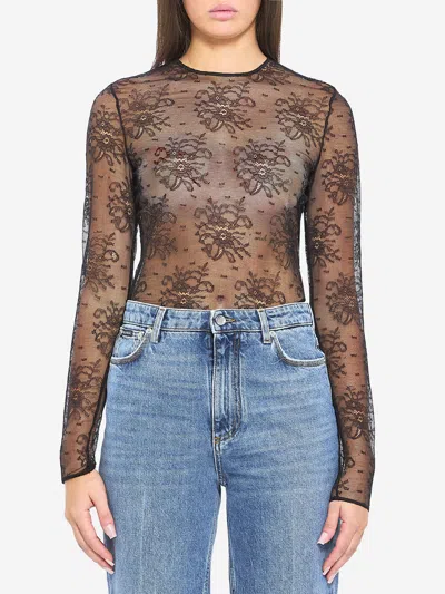 Dolce & Gabbana Floral Lace Long Sleeve Bodysuit In Black