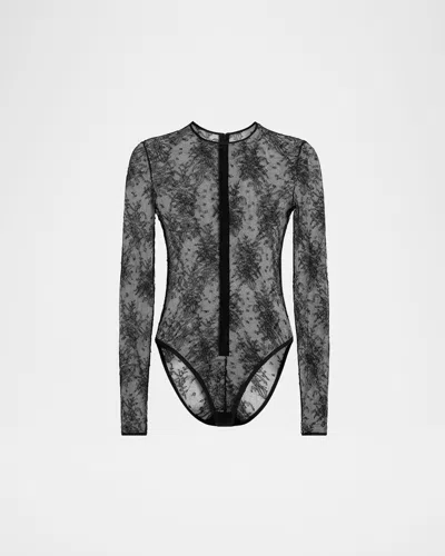 Dolce & Gabbana Women Black Bodysuit With All-over Floral Embroidery And Semi-sheer Design In Stretc In Animal Print
