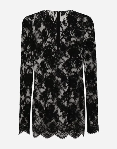 Dolce & Gabbana Chantilly Lace Round-neck T-shirt In Black