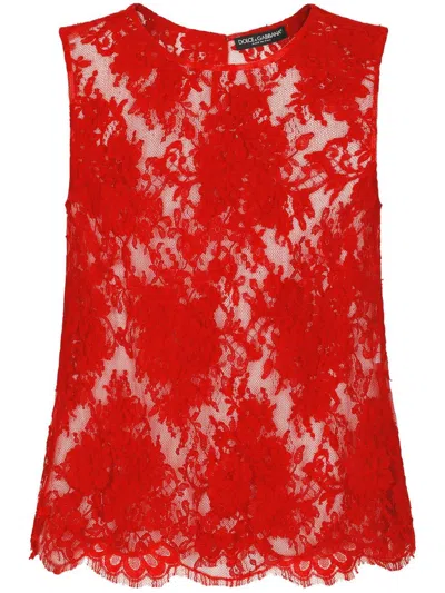 Dolce & Gabbana Floral Lace Scalloped Hem Top In Red