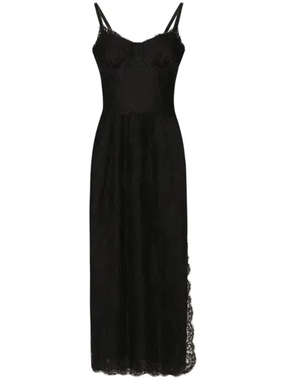 Dolce & Gabbana Lace Midi Dress With Double Scalloped Detailing In Black