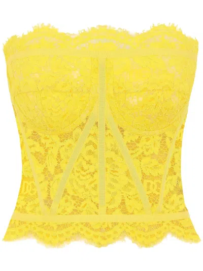 Dolce & Gabbana Chantilly-lace Strapless Top In Yellow
