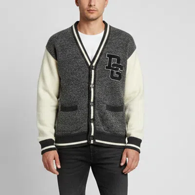 Pre-owned Dolce & Gabbana Charcoal/cream Knitted Jock Like Cardigan L In White
