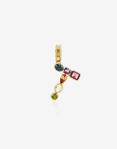 Dolce & Gabbana Rainbow Alphabet T 18 Kt Yellow Gold Charm With Multicolor Fine Gems Gold Female Onesize