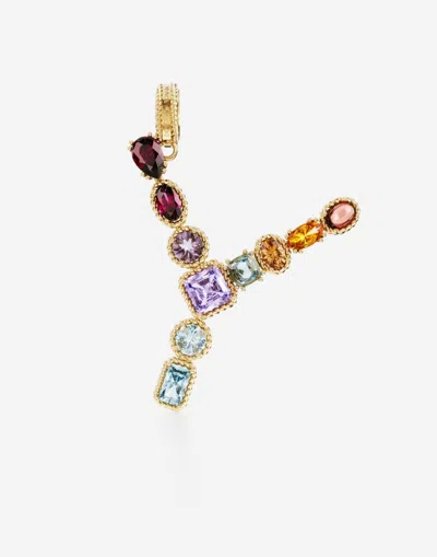 Dolce & Gabbana Rainbow Alphabet Y 18 Kt Yellow Gold Charm With Multicolor Fine Gems Gold Female Onesize