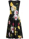 Dolce & Gabbana Peony And Rose-print Cady Midi Dress With Circle Skirt In Black