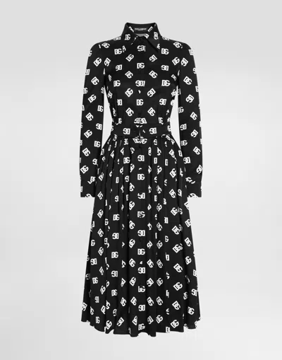 DOLCE & GABBANA CHARMEUSE CALF-LENGTH DRESS WITH ALL-OVER DG PRINT