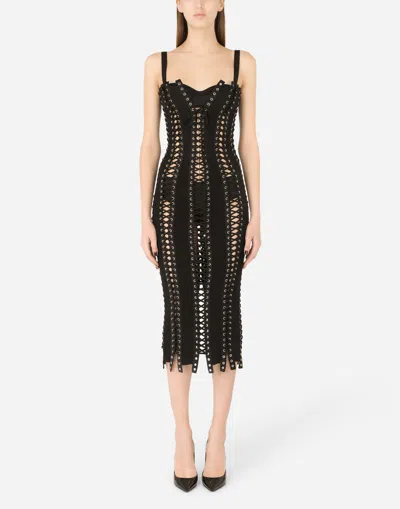 Dolce & Gabbana Charmeuse Calf-length Dress With Laces And Eyelets In Black