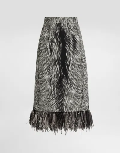 DOLCE & GABBANA CHARMEUSE CALF-LENGTH PENCIL SKIRT WITH FUR PRINT AND FEATHERED DETAILING