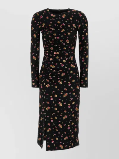 Dolce & Gabbana Charmeuse Dress Ruched Floral Long Sleeves In Black